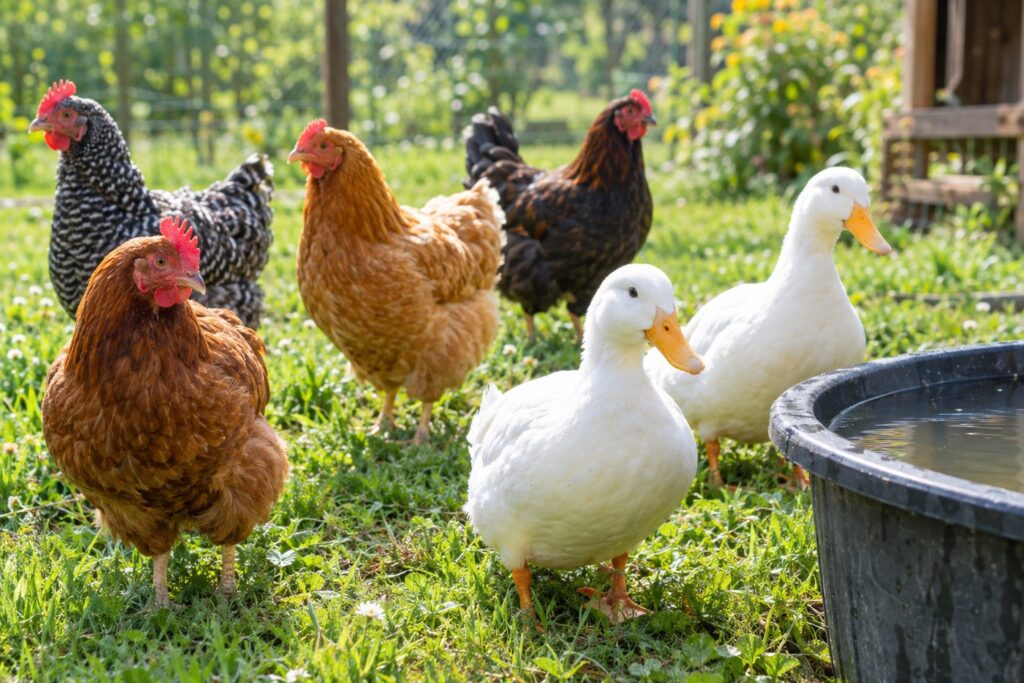 Chickens and ducks at a mobile petting zoo