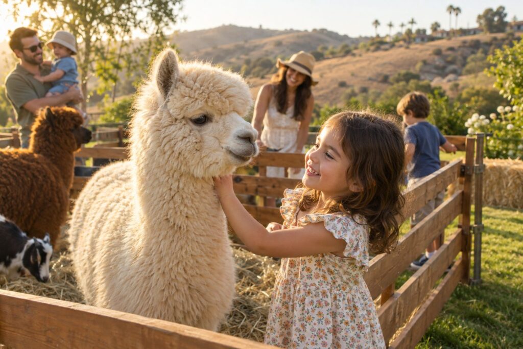Alpacas and goats in a portable pen at a backyard birthday party in Hemet